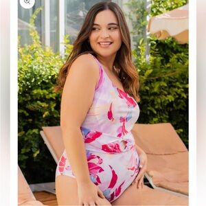 LYSA One-Piece Swimsuit Pink Tropical Floral Print 0X (14W-16W)